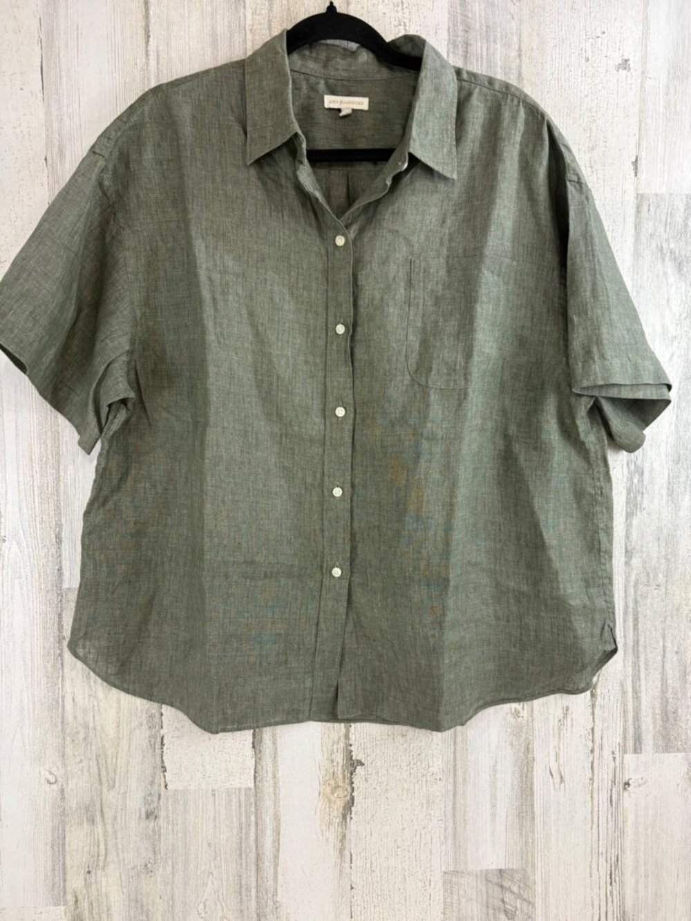 Ann Mashburn Green Linen Shirt Sz L Short Sleeve Button Down EUC